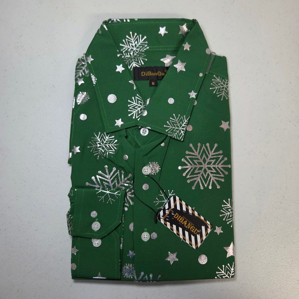 DiBanGu Mens Christmas Button Down Shirt Green Silver Snowflake Stars Size M